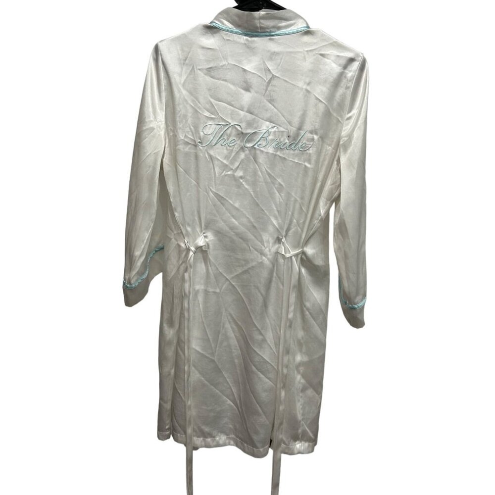 Linea Donatella The Bride White Satin Belted Robe Blue Trim Size Small Medium